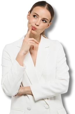 Młoda kobieta w białej marynarce trzyma się za podbrudek i spogląda w bok, zastanawia się