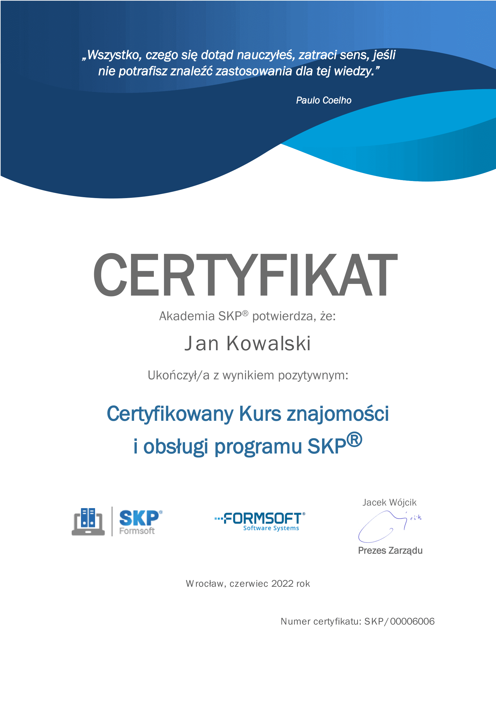 Akademia SKP – certyfikat z kursu obsługi programu SKP